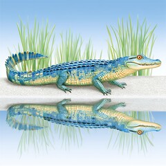 Blue and Yellow Alligator Reflection in Calm Water