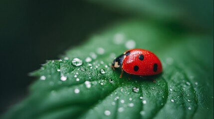 Obraz premium Macro Shot of Ladybug on Leaf with Morning Dew and Blurred Natural Background