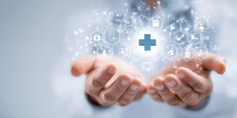 A person holding out their hands with medical symbols floating above, representing the concept of digital healthcare and self-care. Specialist in cross-pattern design for graphic.