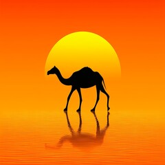 Camel Silhouette at Sunset Over Desert Water