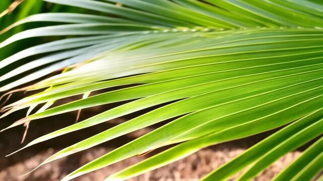 Close-up of vibrant green palm frond with parallel lines, tropical foliage, and natural sunlight shining on a botanical leaf.