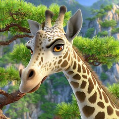 Cartoon Giraffe Portrait Against Mountainous Landscape