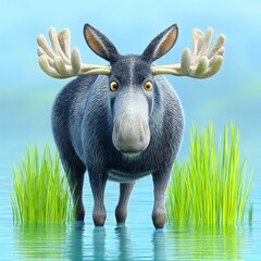 Cartoon Gray Moose in Water with Green Grass