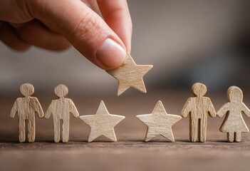 A hand giving five stars to wooden figures representing people, symbolizing customer satisfaction. Epic high-resolution photo for the customer experience value chain, with a focus.