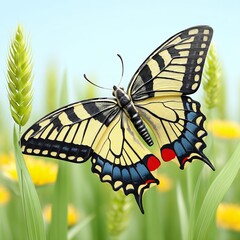 Closeup of a Yellow and Black Butterfly in a Wheat Field
