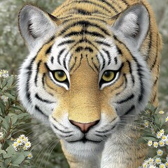 Close up Portrait of a Tiger Amidst White Flowers
