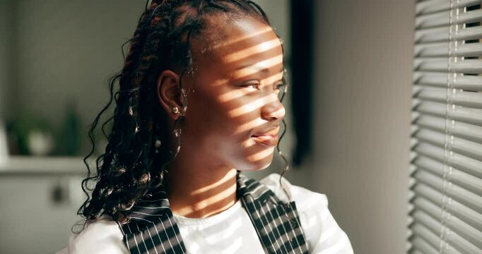 Idea, thinking and business woman by window for decision, planning or secretary problem solving. Office, vision and happy African worker with inspiration, insight and reflection for admin by blinds