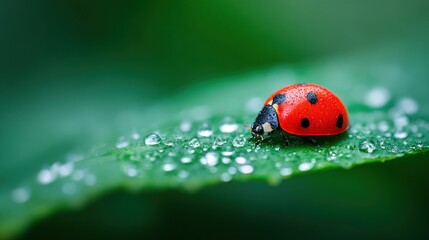 Fototapeta premium Ladybug on Dew-Covered Leaf in Fresh Green Macro Landscape