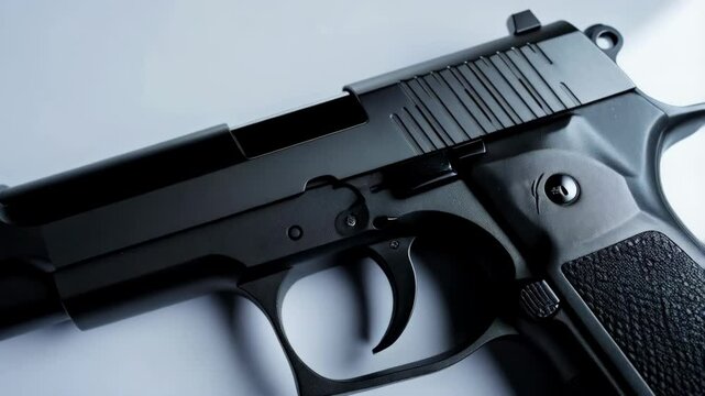 Close-up shot of a black semi-automatic handgun showcasing its trigger, barrel and textured grip detail on white background.