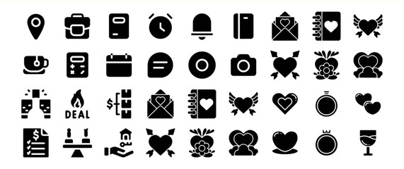 A diverse collection of glyph icons representing various concepts and themes.