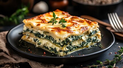 A savory spinach and ricotta lasagna, golden-brown and bubbly from the oven, rests on a dark plate, garnished with fresh thyme.  The image suggests a home-cooked, comforting meal
