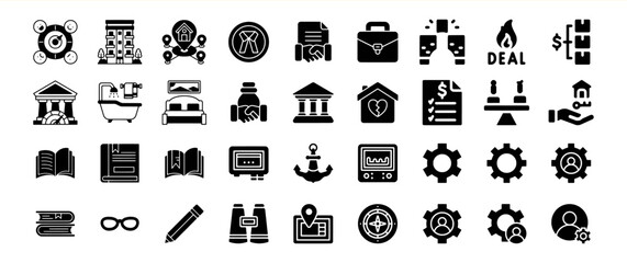 A diverse collection of glyph icons representing various concepts related to business, finance, real estate, and technology.