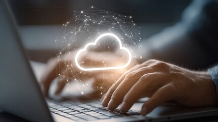 Cloud Security with Digital File Protection. Person using laptop with a secure cloud icon, representing data protection, cybersecurity, and secure digital file management.