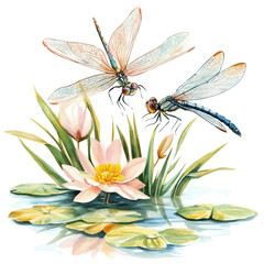 Dragonflies Above Spring Pond, watercolor illustration vector, isolated on a white background.