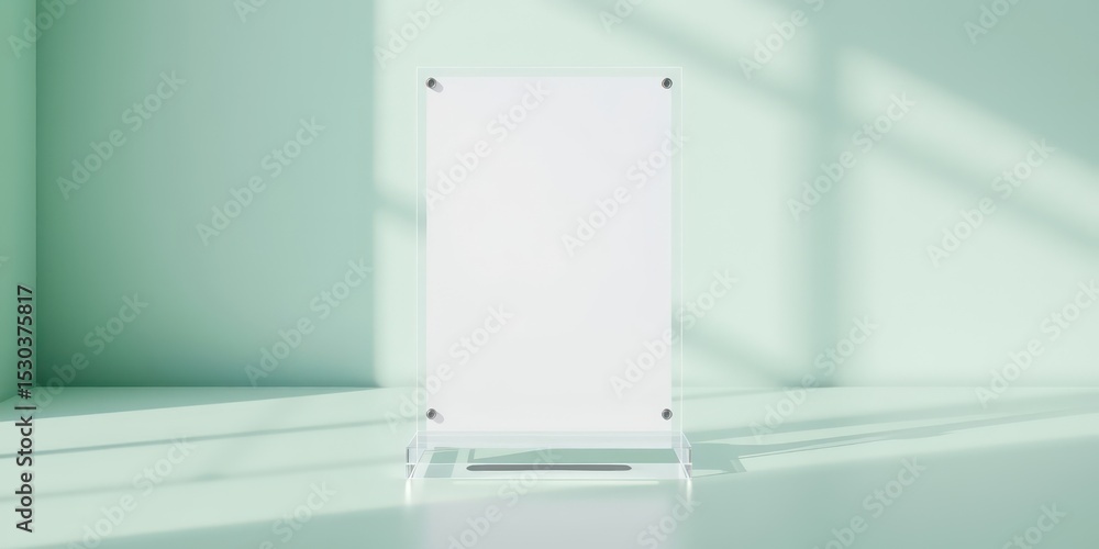 Poster minimalistic blank clear acrylic sign holder display on a table surface with soft shadows, perfect f