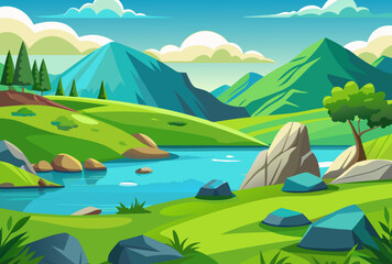 Obraz premium Tranquil River and Majestic Mountains. A Serene Landscape