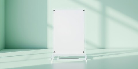 Minimalistic blank clear acrylic sign holder display on a table surface with soft shadows, perfect for showcasing menus or promotions