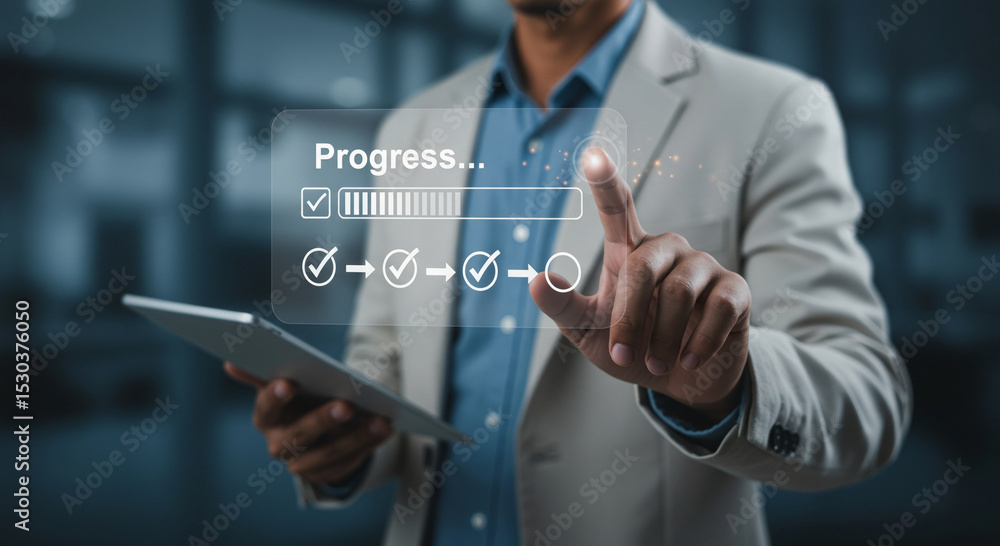 Poster businessman using a digital interface to track progress. concept of workflow, productivity, goal ach