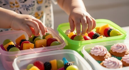 Child's hands reaching for colorful fruit skewers and cupcakes in lunch boxes