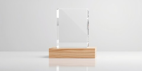Crystal Award With Wood Base Represents Achievements, Recognition, Success, and Excellence Placed on Clean White Surface in Studio