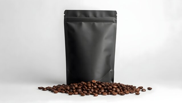 Black coffee pouch mockup with roasted beans