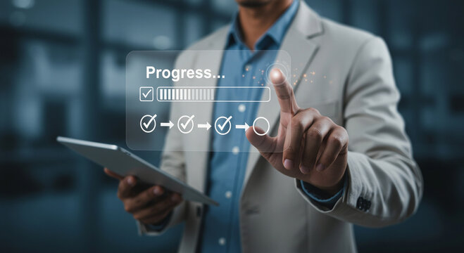 Businessman using a digital interface to track progress. Concept of workflow, productivity, goal achievement, and digital task management in modern business environment