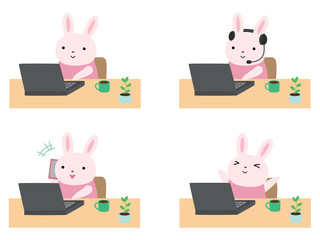 リモートワークをするウサギのイラストセット　主線なし