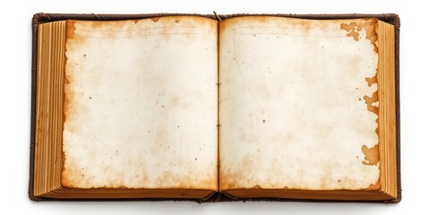 Open antiquarian manuscript showing aged pages with brown weathered spots on a plain backdrop