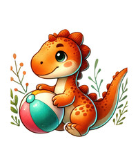 Joyful child with a funny teddy bear and a clown doll, Baby Dinosaur celebrating a birthday or Christmas holiday with love and happiness, isolated as a vector illustration