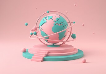 Stylized globe with orbiting spheres on a tiered platform