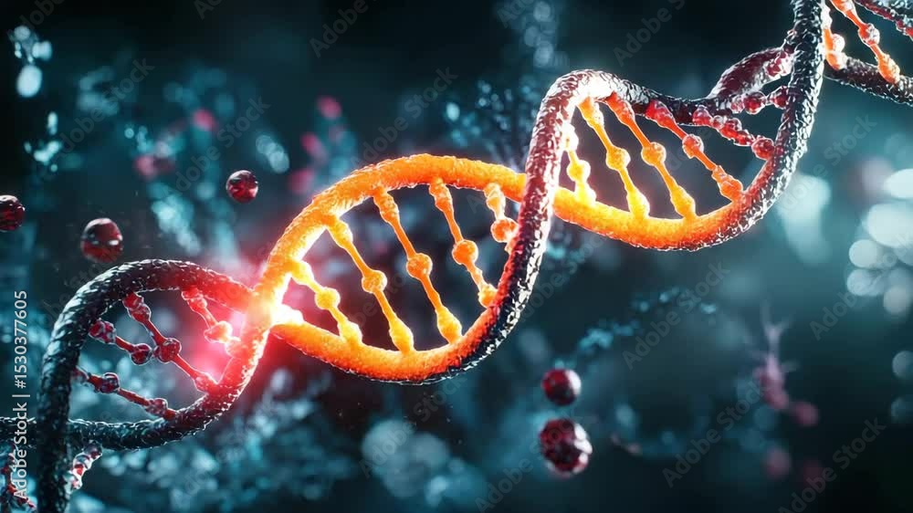 Poster a close-up digital rendering of a dna double helix structure glowing with molecular particles and lu