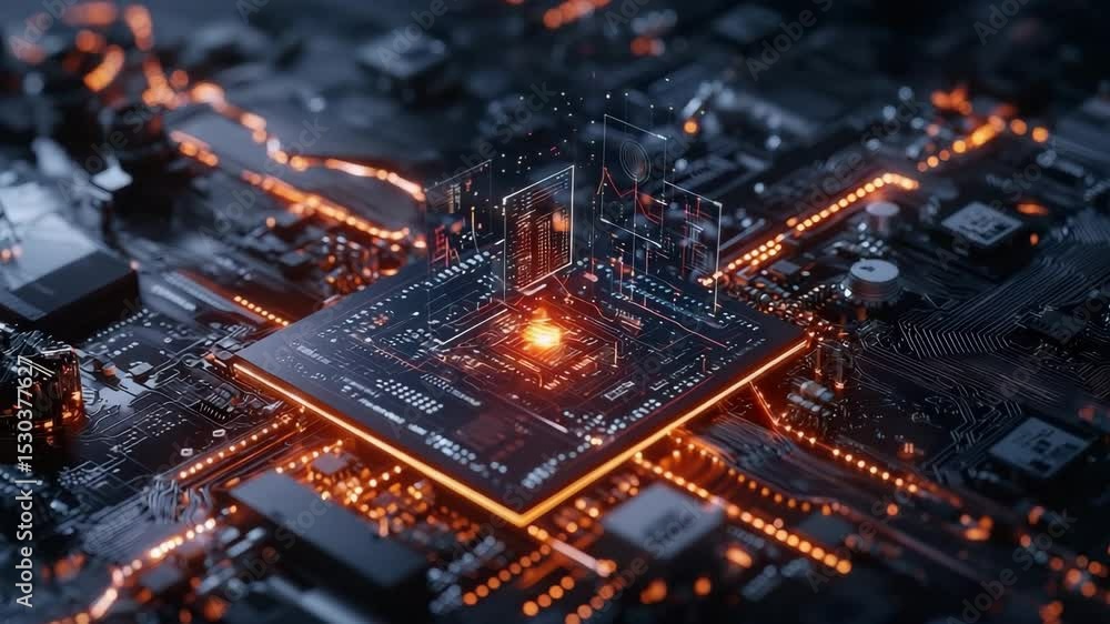 Aufkleber A glowing microchip with digital data projections stands out on a detailed circuit board, symbolizing advanced computing technology.