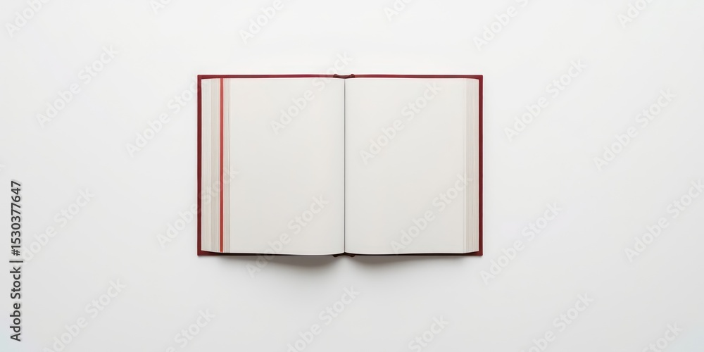 Poster blank pages of an open hardback book with red cover centered on clean white background