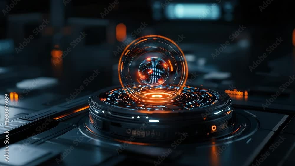 Poster a futuristic holographic interface displays a glowing digital globe, surrounded by sci-fi control pa