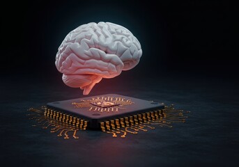 Brain above a microchip with golden connections on dark surface