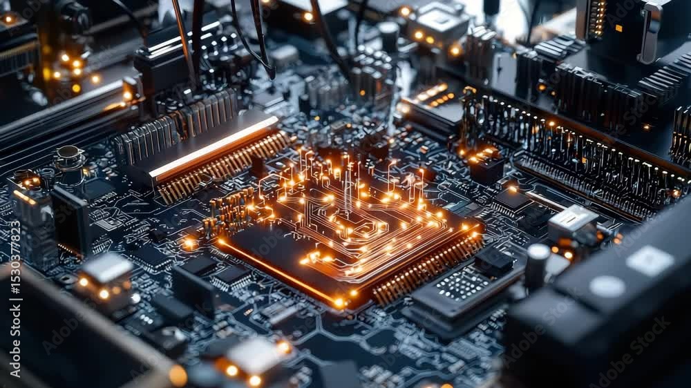 Fototapete a glowing microchip on a detailed electronic circuit board, surrounded by illuminated pathways and v