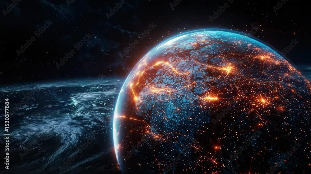 Aufkleber A glowing digital Earth seen from space, illuminated with interconnected orange lights representing global technology and data networks.