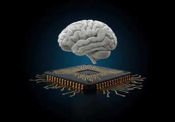 Brain above a microchip on a dark background