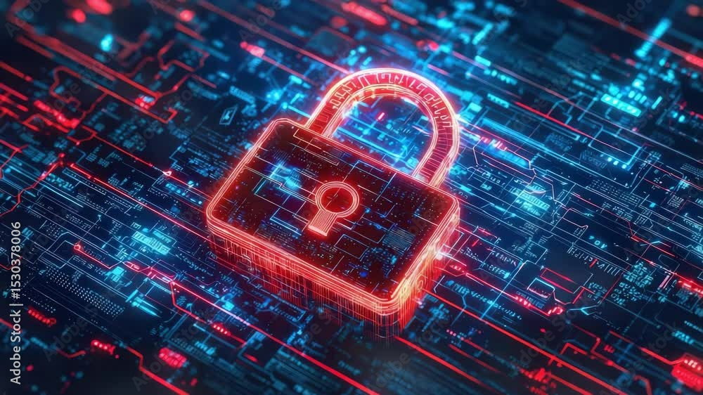 Poster a glowing digital padlock symbolizes cybersecurity and data protection on a futuristic, circuit-them