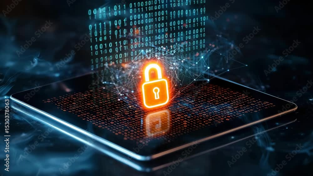Poster A glowing padlock symbolizing data security appears above a digital tablet, surrounded by a network of abstract connections.