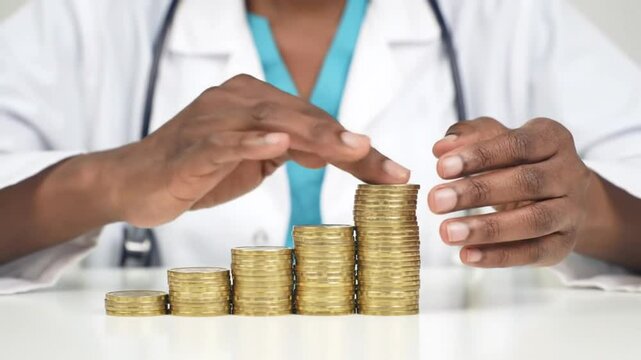 Dark Skinned Doctor Hands Stacking Golden Coins on White Table Financial Concept