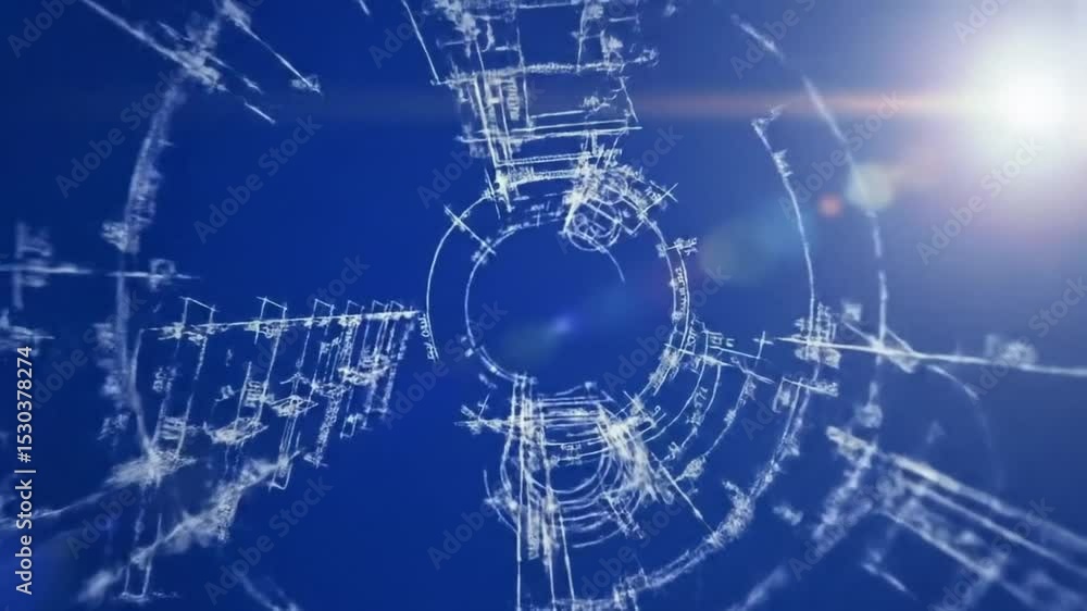 Poster detailed blueprint with white outlines on dark blue background technical drawing illuminated with li