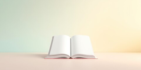 Blank open book on a table with a soft colored wall offering a canvas for imagination and storytelling