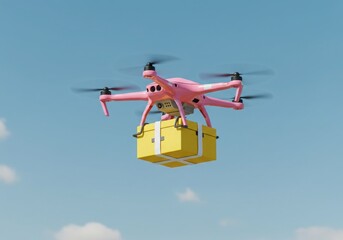 Pink drone carrying a yellow package in the sky
