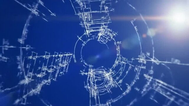 Detailed Blueprint with White Outlines on Dark Blue Background Technical Drawing Illuminated with Light Source for Adobe Stock