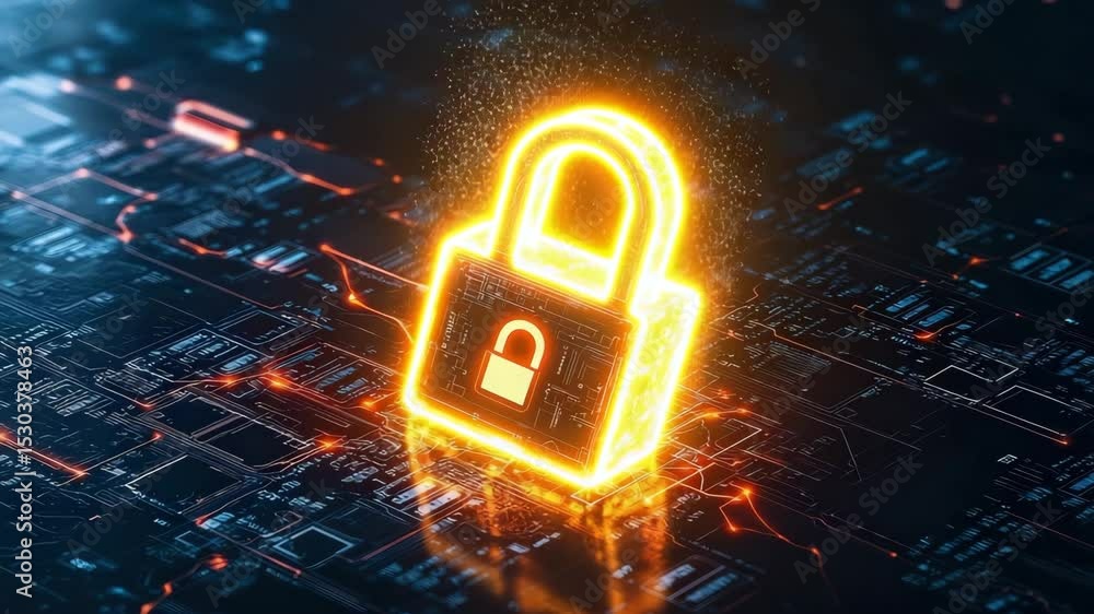 Poster A glowing digital padlock stands on a futuristic circuit board, symbolizing cybersecurity and data protection.