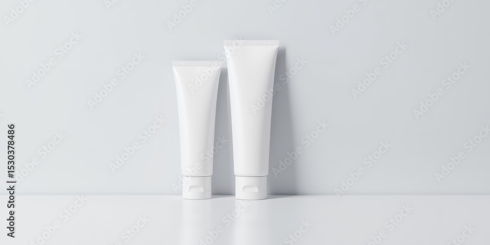 Poster two clean white product tubes of different sizes stand elegantly in a minimal studio setting