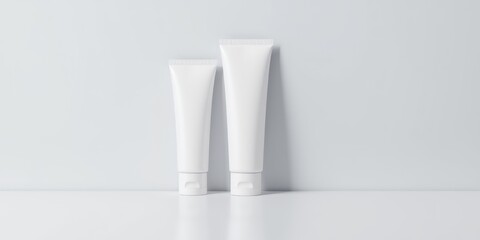 Two clean white product tubes of different sizes stand elegantly in a minimal studio setting