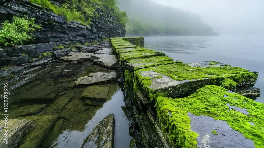 Poster a moss-covered stone pathway extends into a calm, misty lake surrounded by lush greenery and rocky c