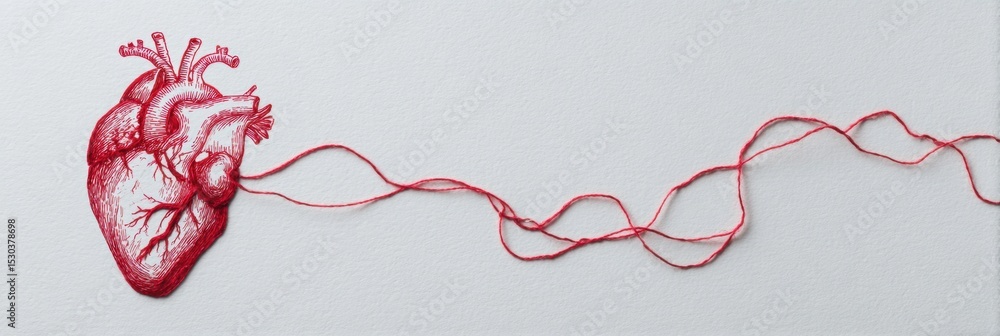 Poster red thread intertwines with a detailed medical heart sketch, showcasing a symbolic connection and ar